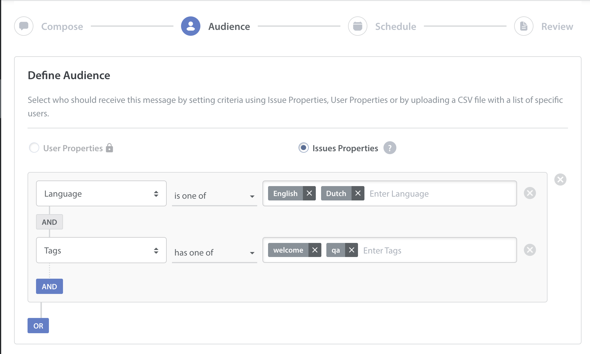 Proactive Engagement campaign audience filter on Helpshift admin dashboard