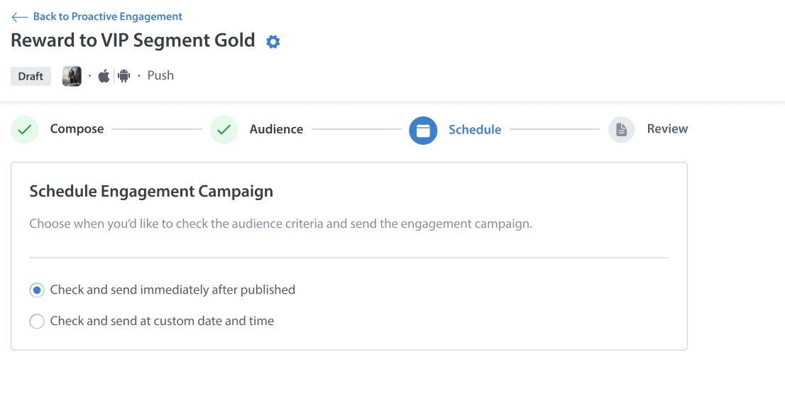Proactive Engagement campaign scheduling on Helpshift admin dashboard