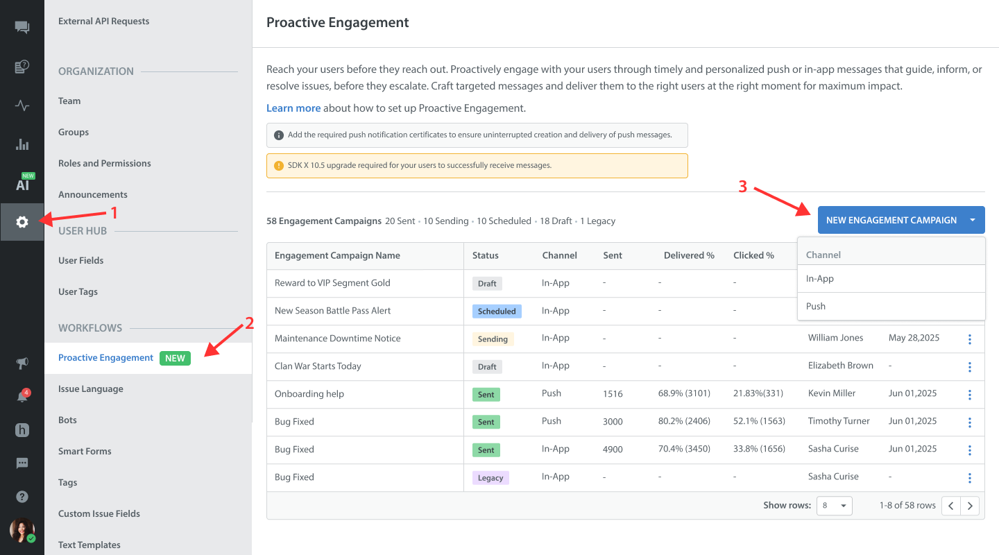 Helpshift admin dashboard settings for Proactive Engagement feature